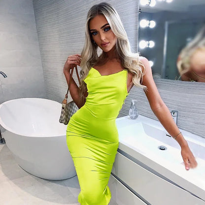 summer long satin backless elegant sexy hollow out Midi Dresses