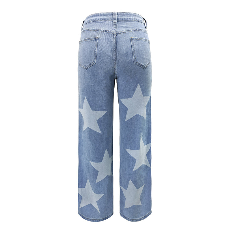 Women High Waist Fashion Pentagram Print Washed Jean