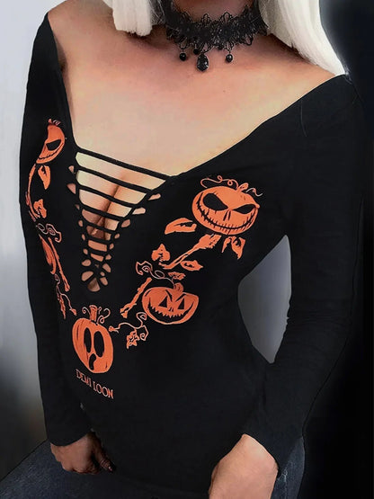 Halloween Pumpkin Face Lace-Up Blouse
