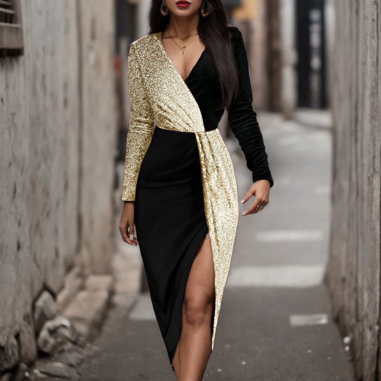 Luxury Black Gold Sequins High Waist Midi Dress