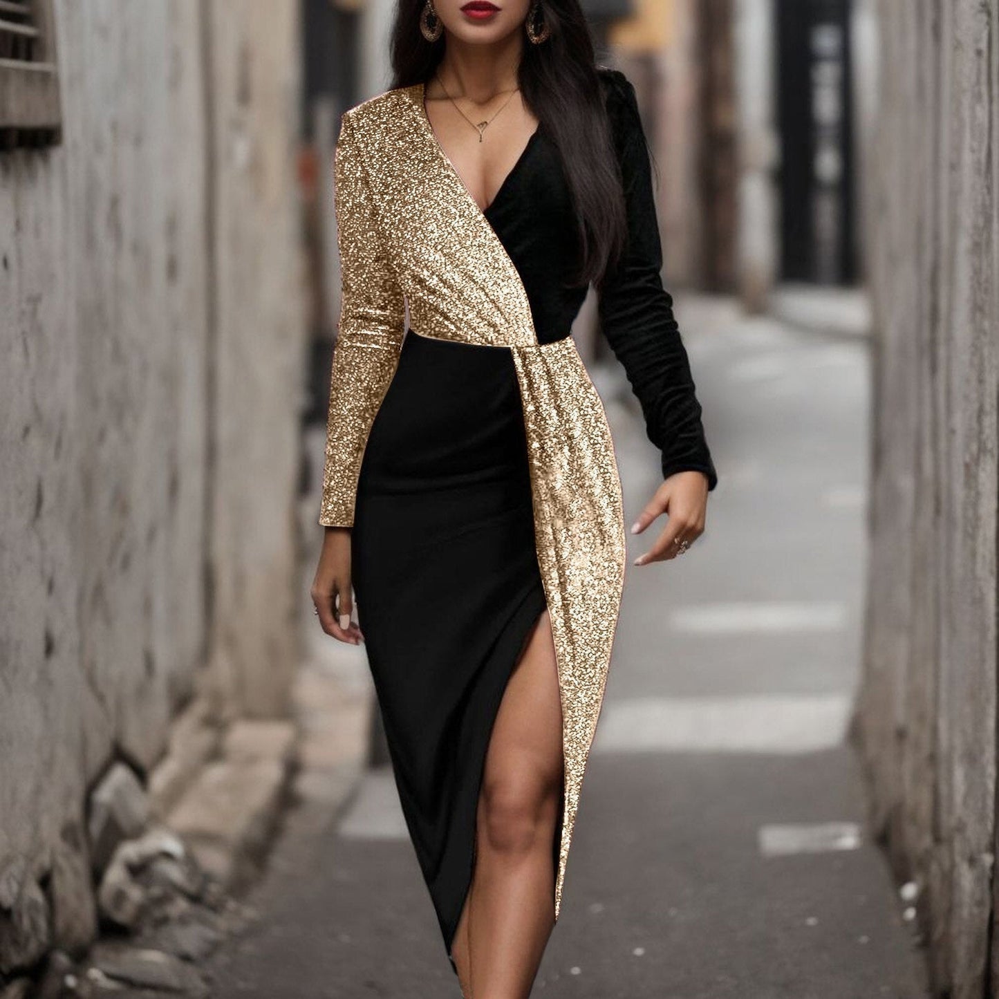 Luxury Black Gold Sequins High Waist Midi Dress