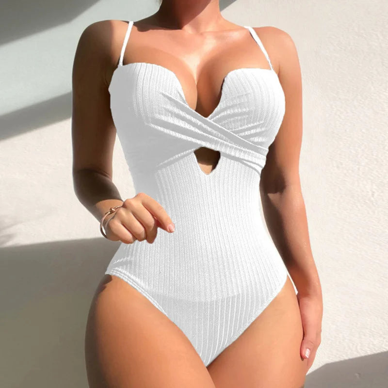 Solid Color Closed One Piece Push Up Basic Swimsuit