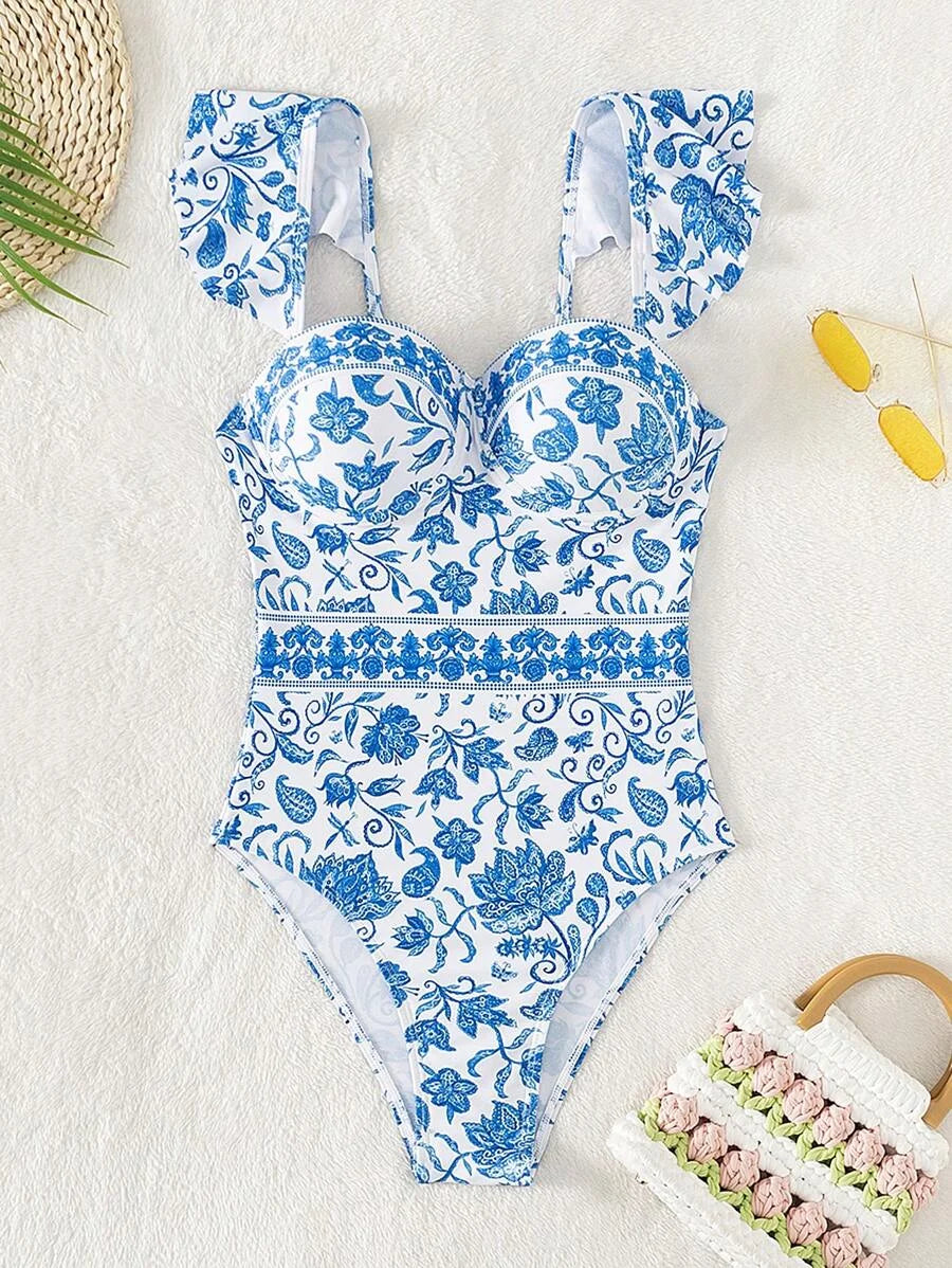 Sexy Ruffle Trim Push-Up One Piece Basic Swimsuit