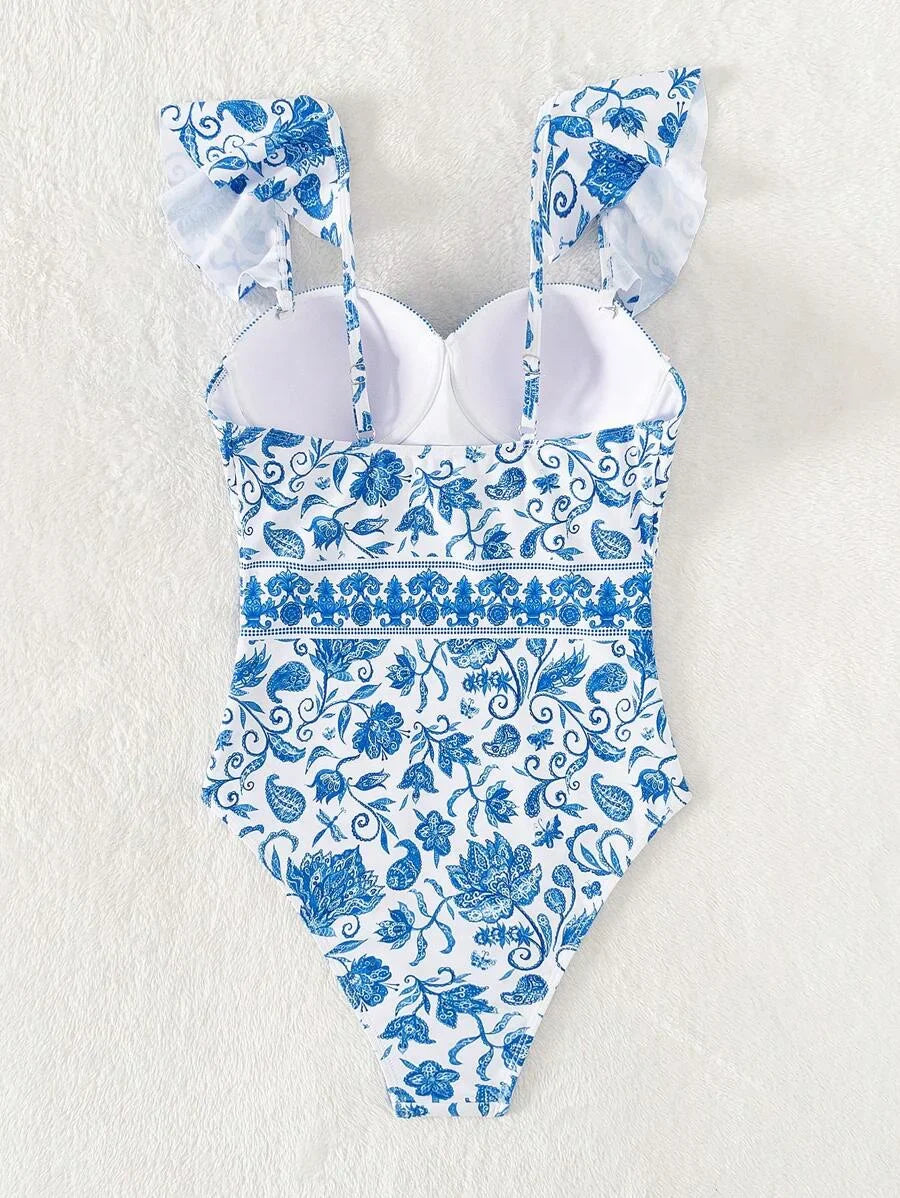 Sexy Ruffle Trim Push-Up One Piece Basic Swimsuit