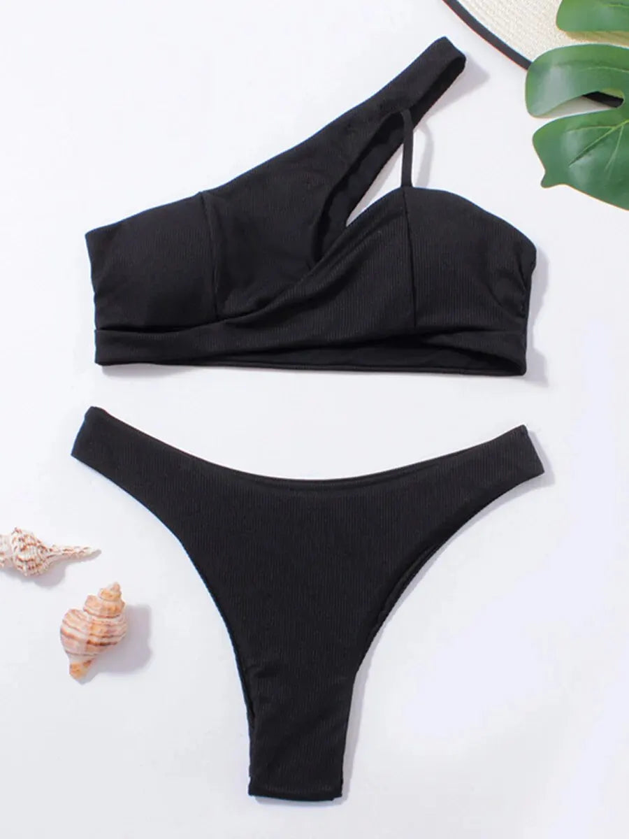 Solid Ribbed One-Shoulder Bikini Set Basic Swimsuit