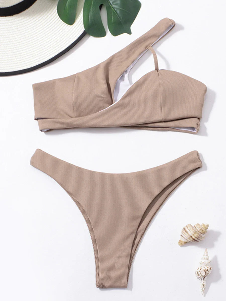 Solid Ribbed One-Shoulder Bikini Set Basic Swimsuit