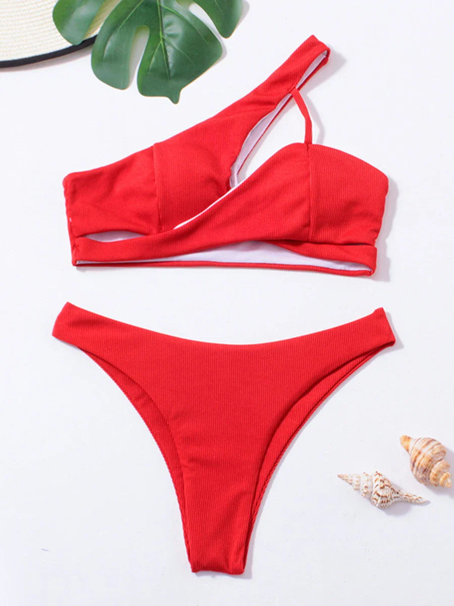 Solid Ribbed One-Shoulder Bikini Set Basic Swimsuit