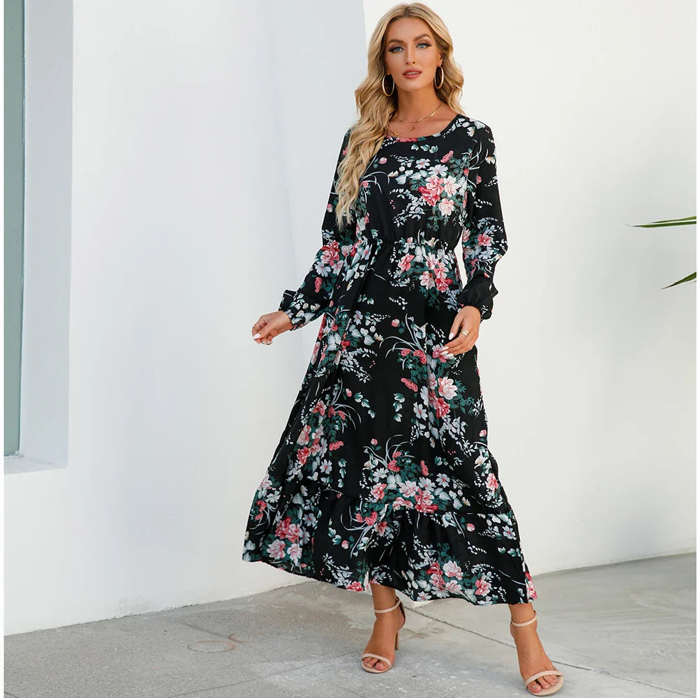 Sping Bohemian Women Maxi Casual Long Sleeve High Waist Chiffon Midi Dresses