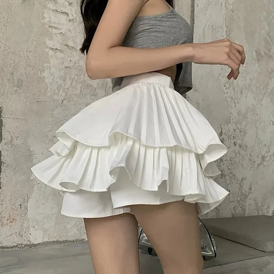 Layered White Ruffles High Waist Pleated Mini Skirt