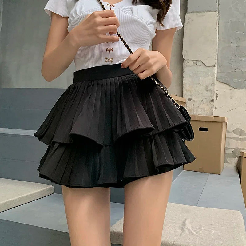 Layered White Ruffles High Waist Pleated Mini Skirt