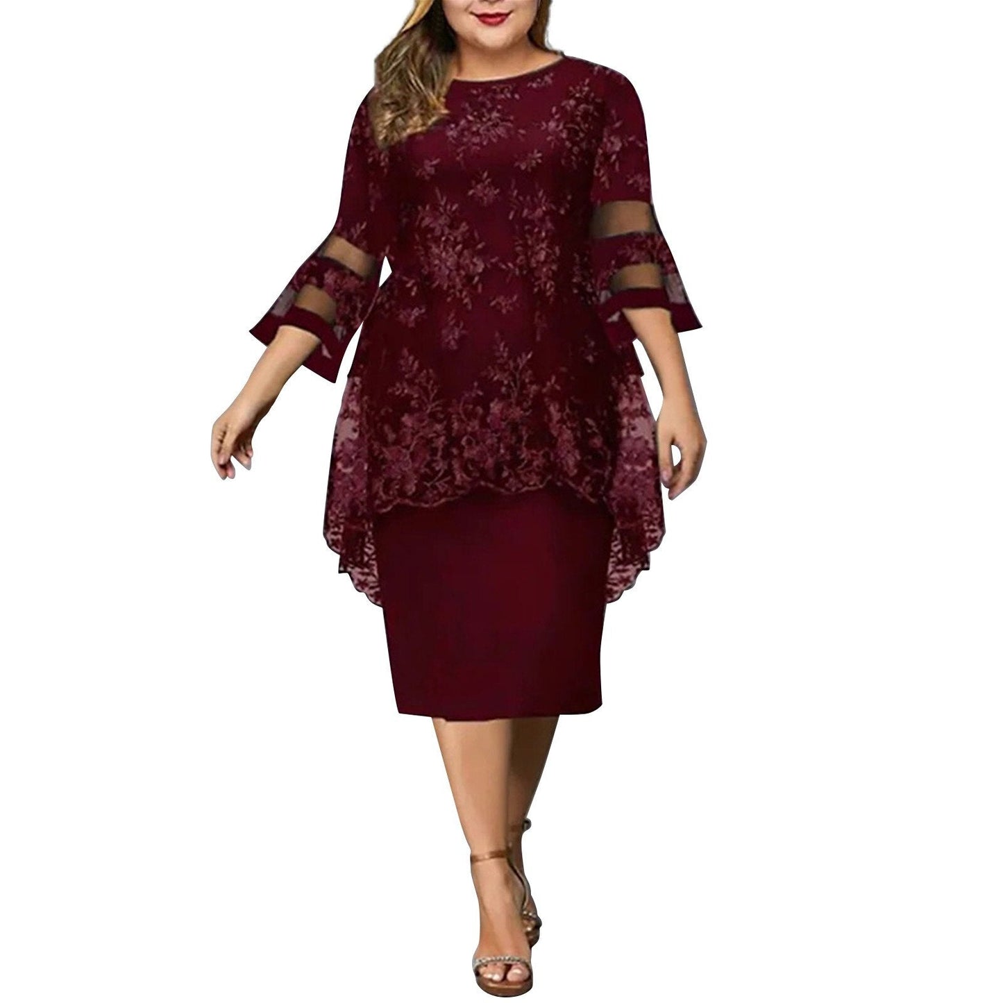 Plus Size Lace Mesh Elegant Midi Dress