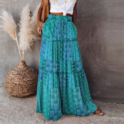 Bohemian A-line Flowy Maxi Skirt with Pockets