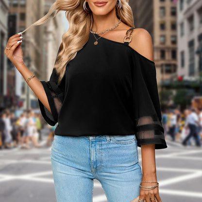 Casual Loose Solid Color Skew Collar Tee