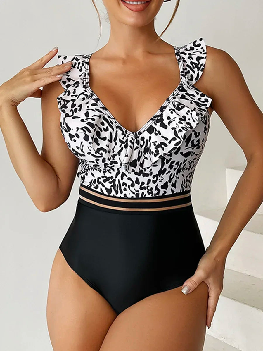 V-neck Leopard Mesh Tape One-Piece Basic Swimsuit