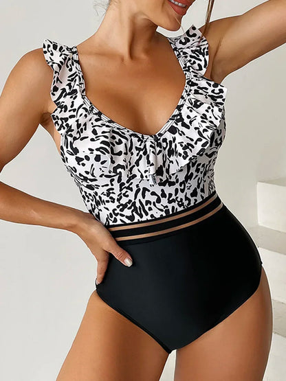 V-neck Leopard Mesh Tape One-Piece Basic Swimsuit