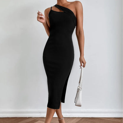 New Slit Oblique Slimming Elegant Casual Y2K Midi Dresses