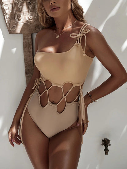 Sexy Hollow Out Drawstring One-Shoulder Basic Swimsuit