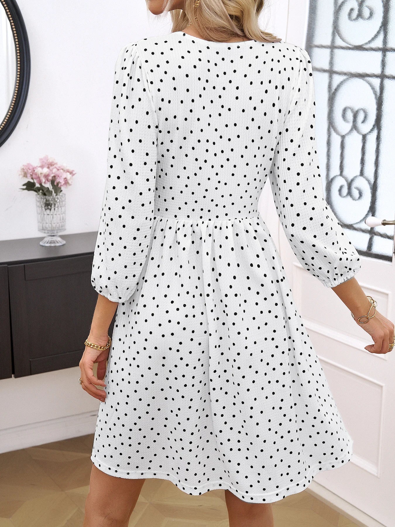 Women Summer Beach Chiffon  Casual Long Sleeve Polka Dot Midi Dresses