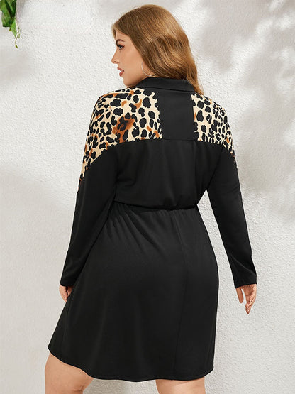 Leopard Print Zip Vestidos Sundress Lapel Collar Dresses