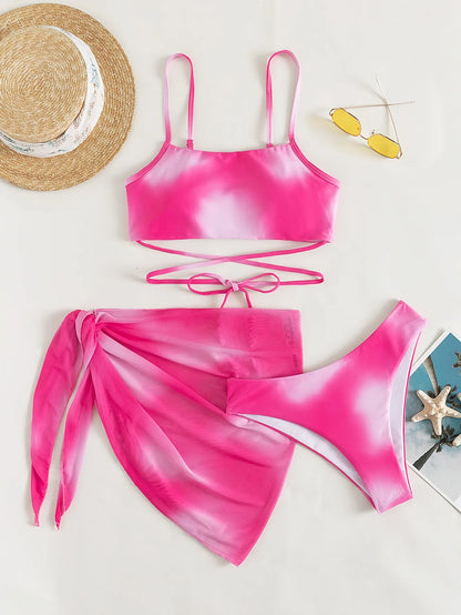 Ombre Lace-Up Bikini Swimsuit & Beach Skirt Basic Swimsuit