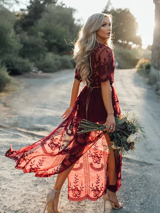 The Tempting Red Sheer Mesh Lace Dress