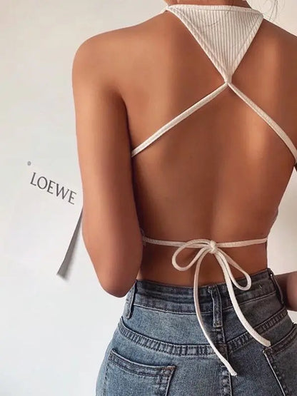 Backless Off Shoulder Lace-up Vest Clubwear 2024 Sexy Bodycon Summer Outwear White Solid Camis Crop Top