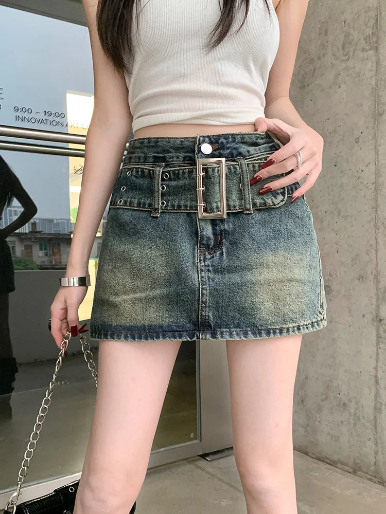 American Retro Denim High Waist A-line Short Skirt