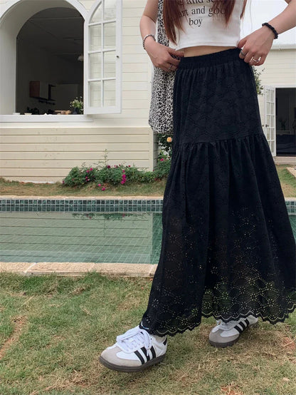 Black Lace Ruffled High Waist A-Line Skirts