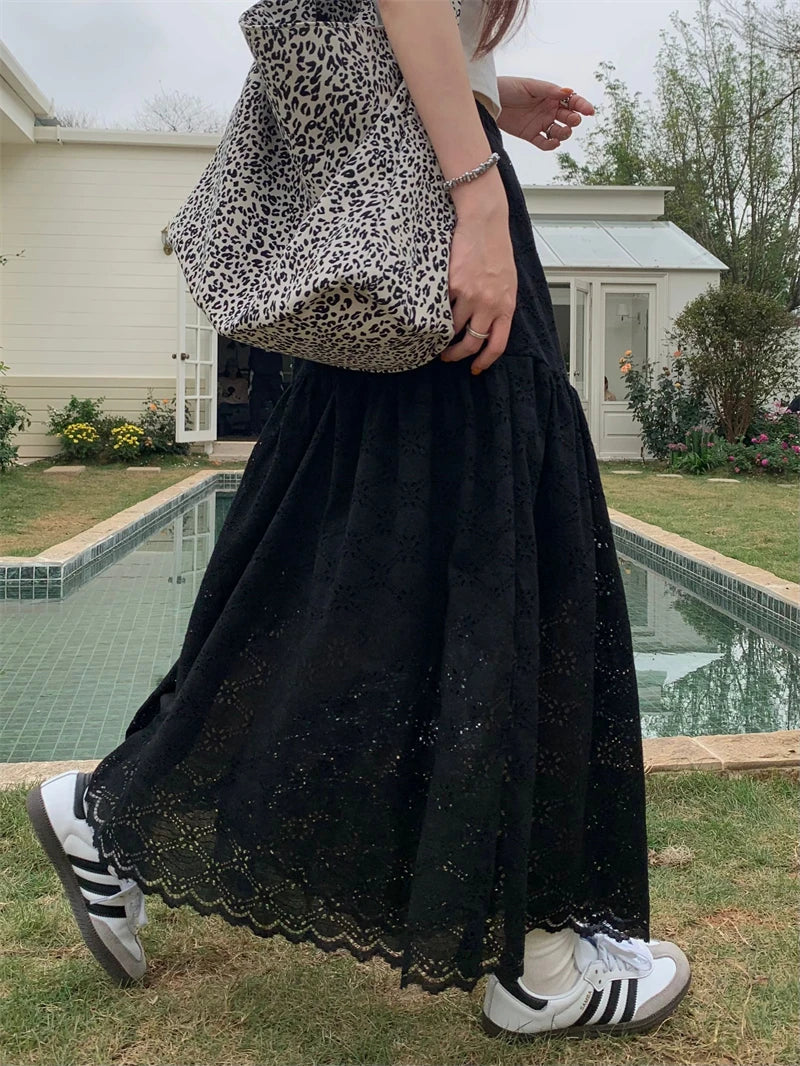Black Lace Ruffled High Waist A-Line Skirts