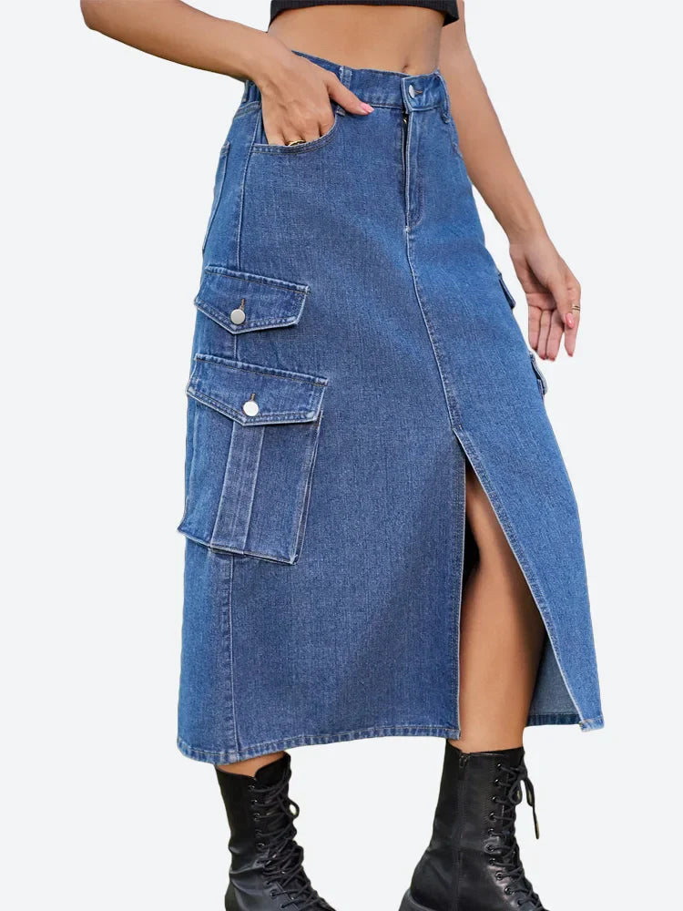 Casual Split Long High Waisted A-Line Cargo Jean Skirt