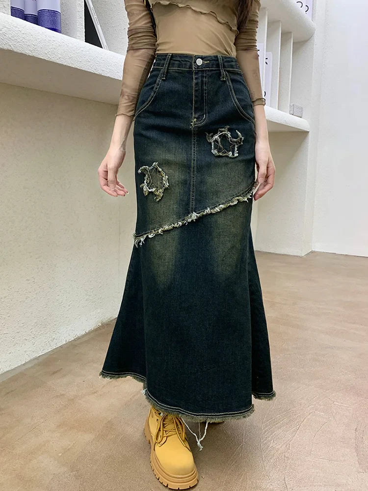 High Waist Raw Trim Mermaid Hem Long Denim Skirt