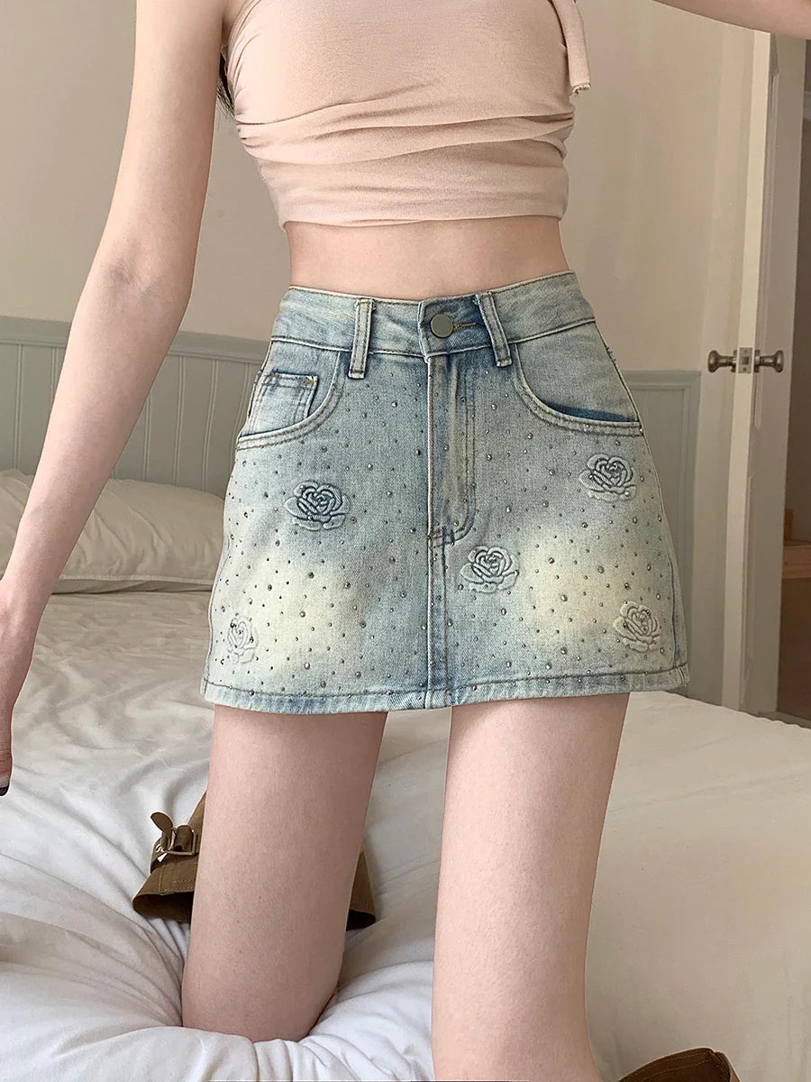 Hot Diamond Floral Denim A-line Mini Skirts