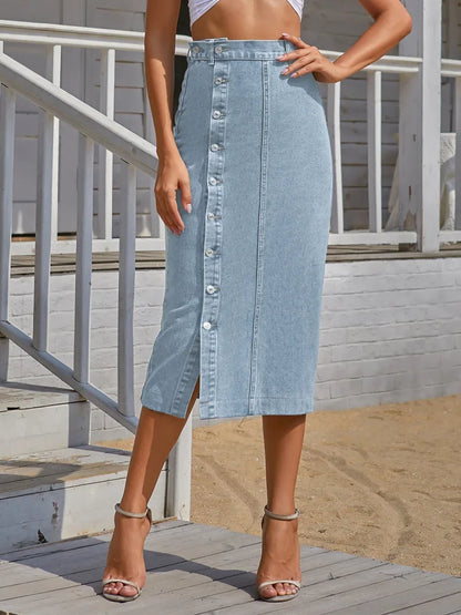 Sexy Streetwear Button Denim Skirt Bodycon Long Skirt