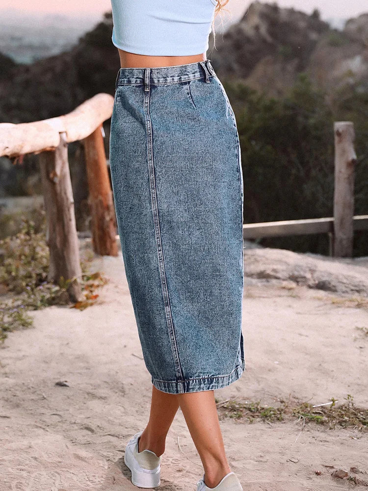 Sexy Streetwear Button Denim Skirt Bodycon Long Skirt