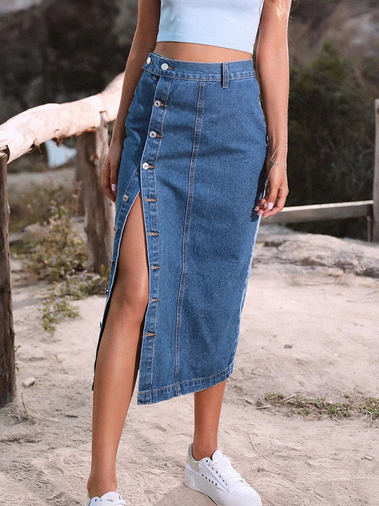 Sexy Streetwear Button Denim Skirt Bodycon Long Skirt