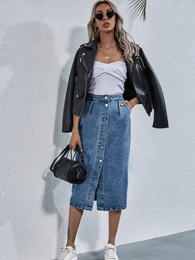Single Breasted Knee Length Casual Pocket Straight Jeans Skirt
