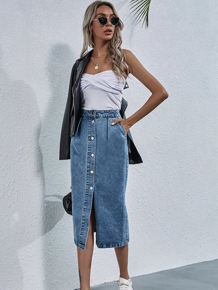 Single Breasted Knee Length Casual Pocket Straight Jeans Skirt
