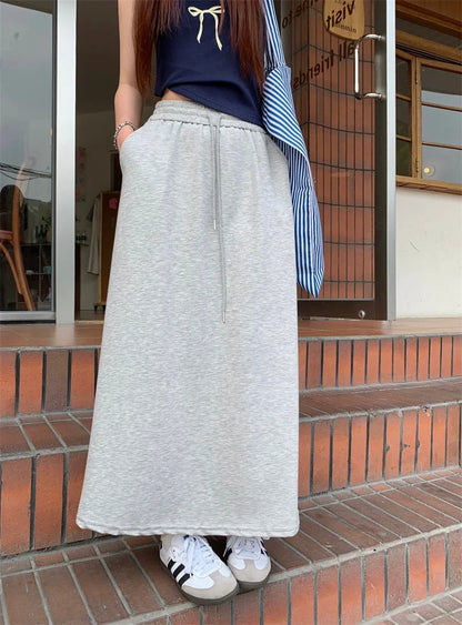 Solid Color Elastic Drawstring Straight Long Skirt