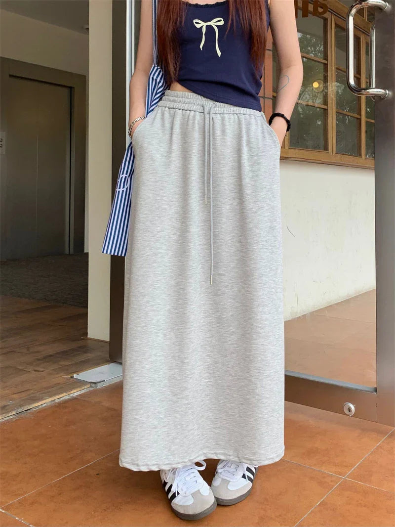 Solid Color Elastic Drawstring Straight Long Skirt