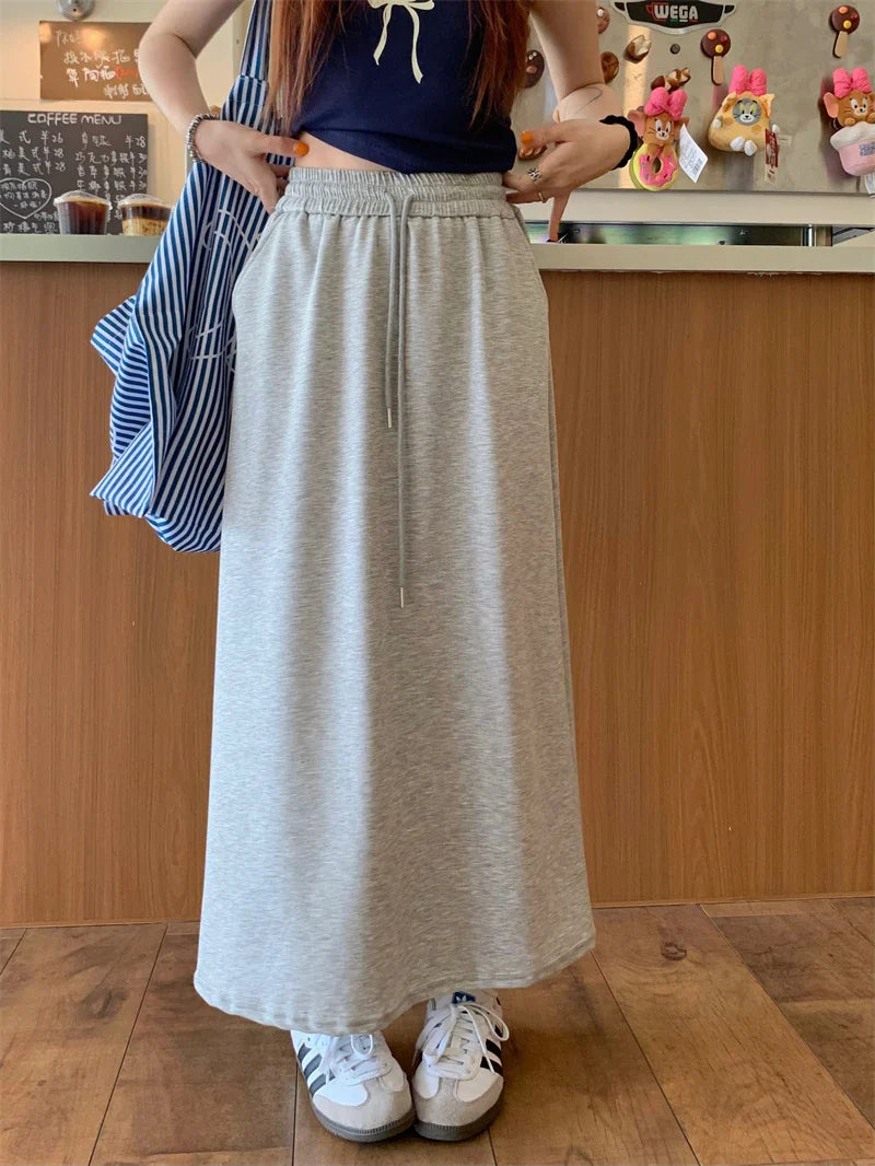 Solid Color Elastic Drawstring Straight Long Skirt