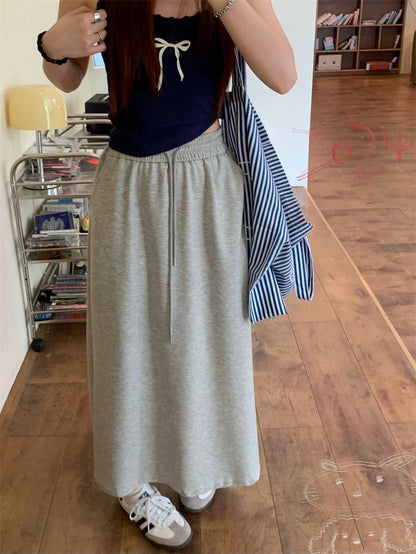 Solid Color Elastic Drawstring Straight Long Skirt