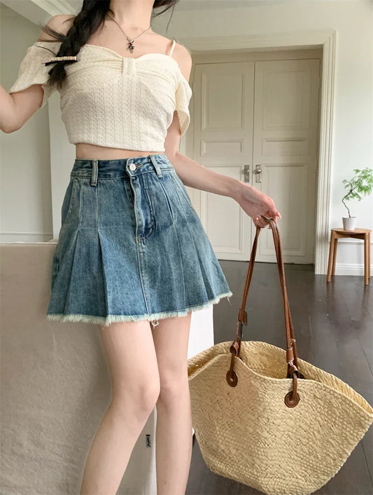 Streetwear Retro Raw Hem Pleated Denim Mini Skirt