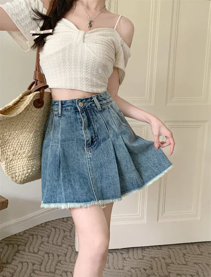 Streetwear Retro Raw Hem Pleated Denim Mini Skirt