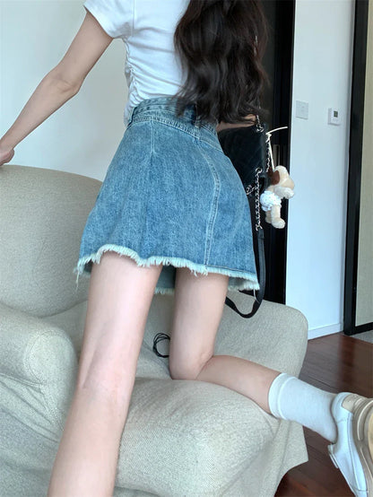 Streetwear Retro Raw Hem Pleated Denim Mini Skirt