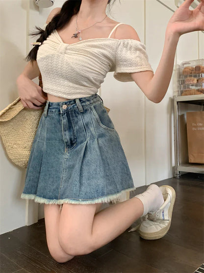 Streetwear Retro Raw Hem Pleated Denim Mini Skirt