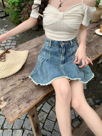 Streetwear Retro Raw Hem Pleated Denim Mini Skirt