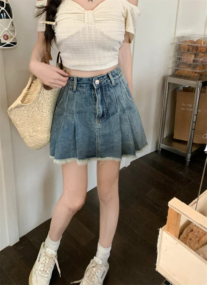 Streetwear Retro Raw Hem Pleated Denim Mini Skirt