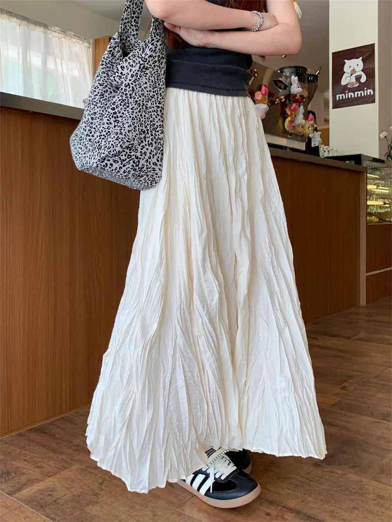 Vintage Solid Elastic Pleated A-Line Skirt