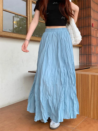Vintage Solid Elastic Pleated A-Line Skirt