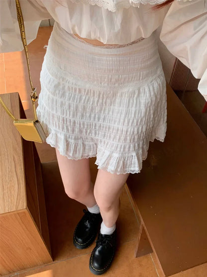 White Lace Trim Ruffled Sweet High Waist A-Line Skirt